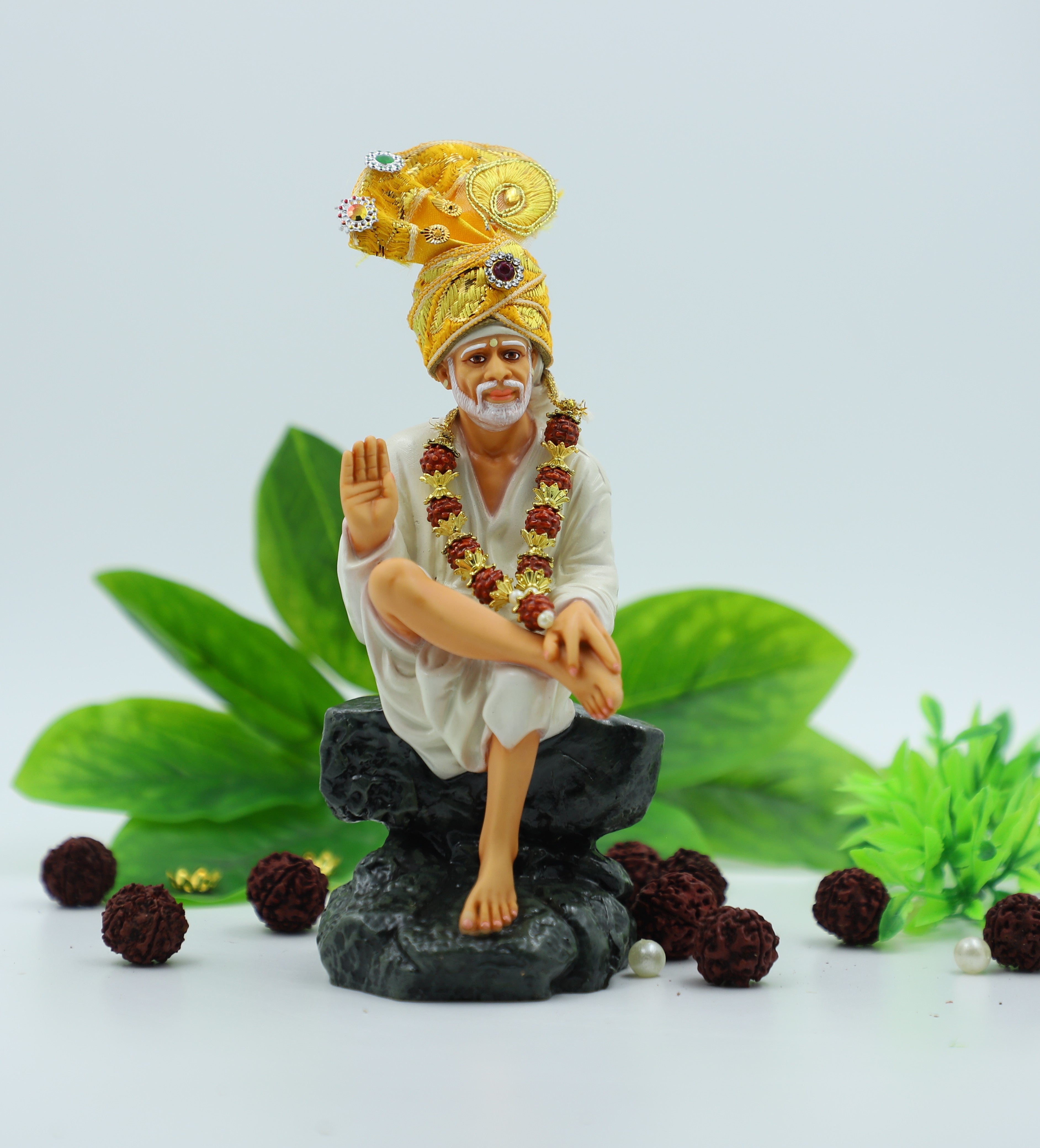🙏 Hemant Art Shirdi Sai Baba Idol🛕 – Sitting on Stone, Aashirwad Hand – 6.5 Inch (White ), Handcrafted Resin Murti